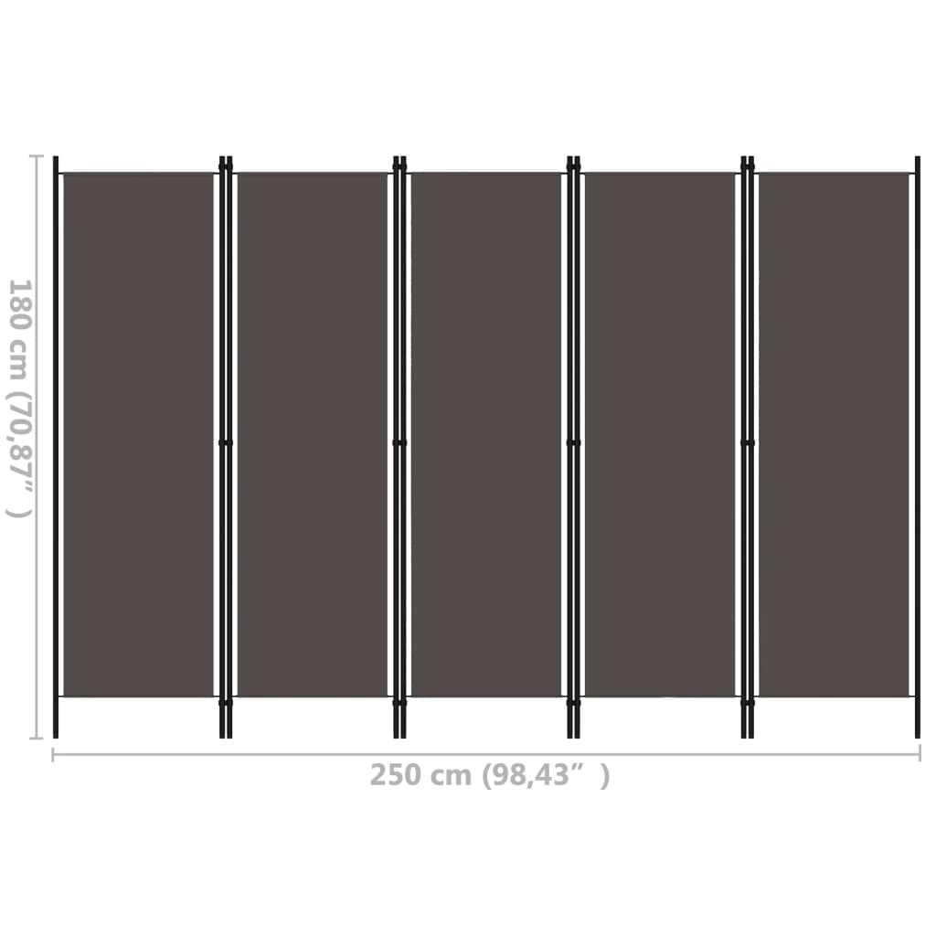 vidaXL Paravan de cameră cu 5 panouri, antracit, 250 x 180 cm vidaXL Paravan de cameră cu 5 panouri, antracit, 250 x 180 cm