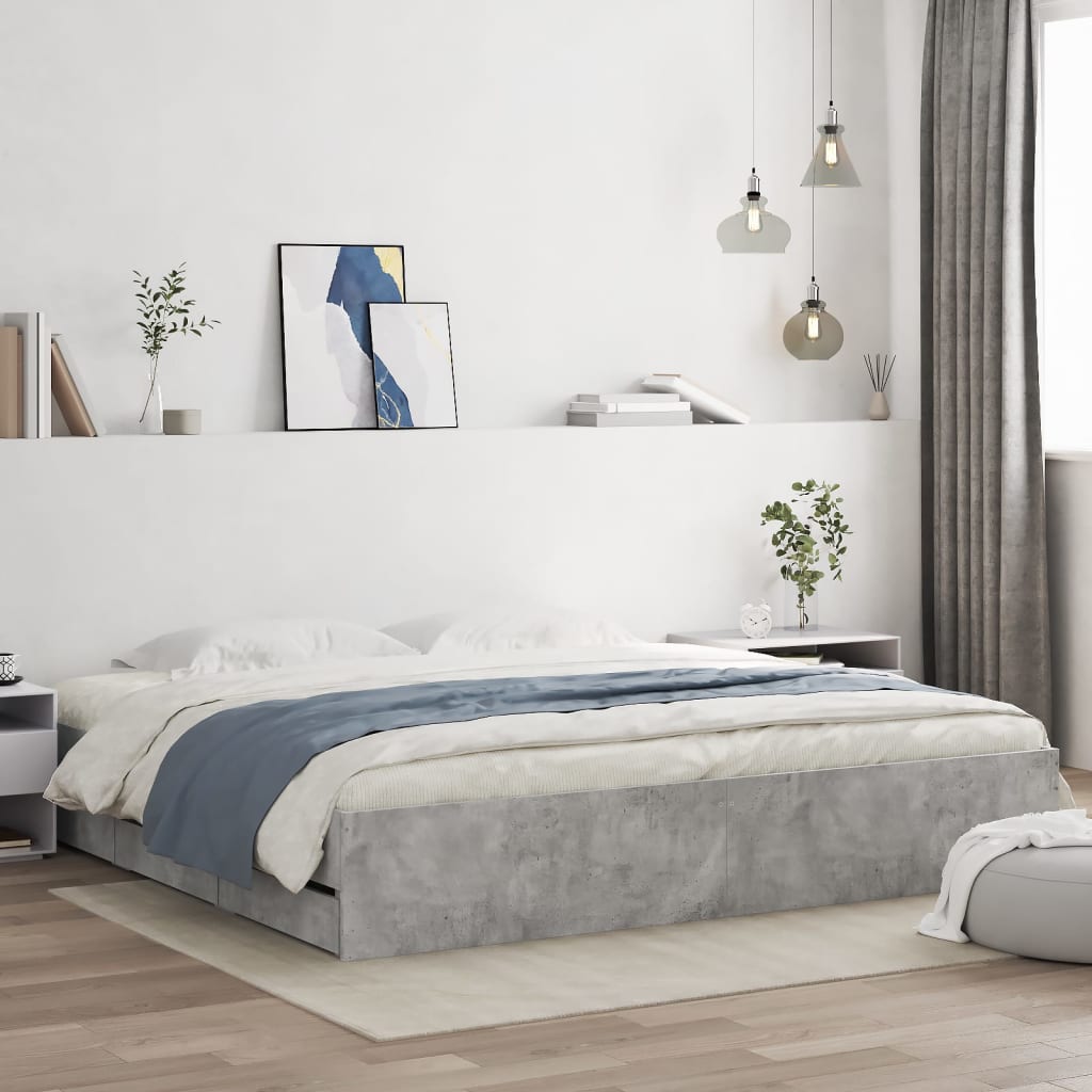 vidaXL Cadru de pat cu sertare, gri beton, 180x200 cm, lemn prelucrat vidaXL Cadru de pat cu sertare, gri beton, 180x200 cm, lemn prelucrat