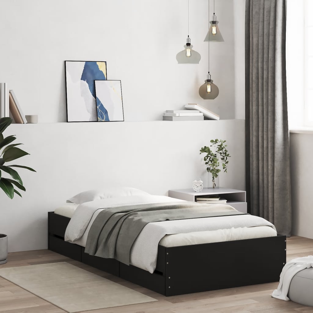 vidaXL Cadru de pat cu sertare, negru, 100x200 cm, lemn prelucrat vidaXL Cadru de pat cu sertare, negru, 100x200 cm, lemn prelucrat