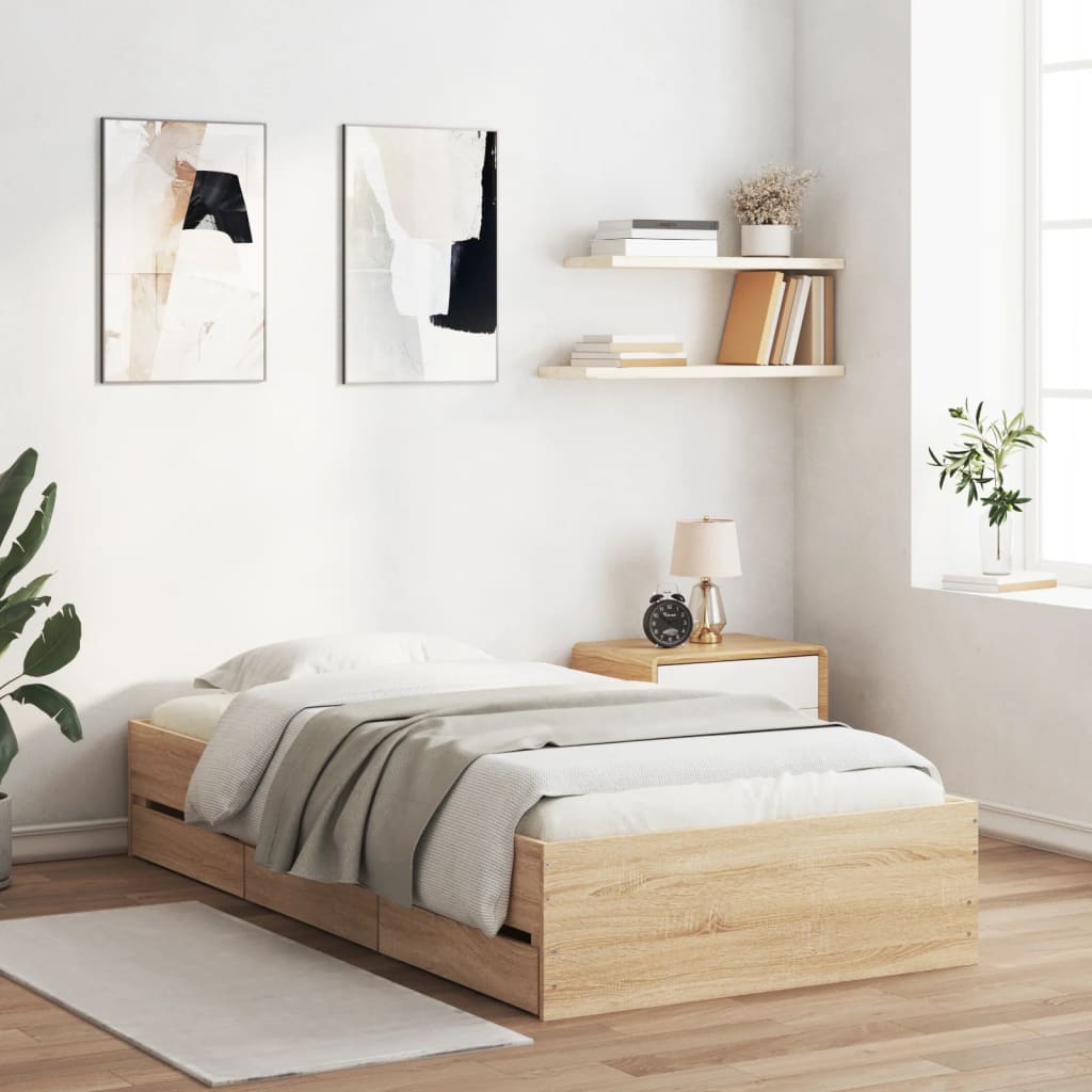 vidaXL Cadru de pat cu sertare stejar sonoma 100x200 cm lemn prelucrat vidaXL Cadru de pat cu sertare stejar sonoma 100x200 cm lemn prelucrat