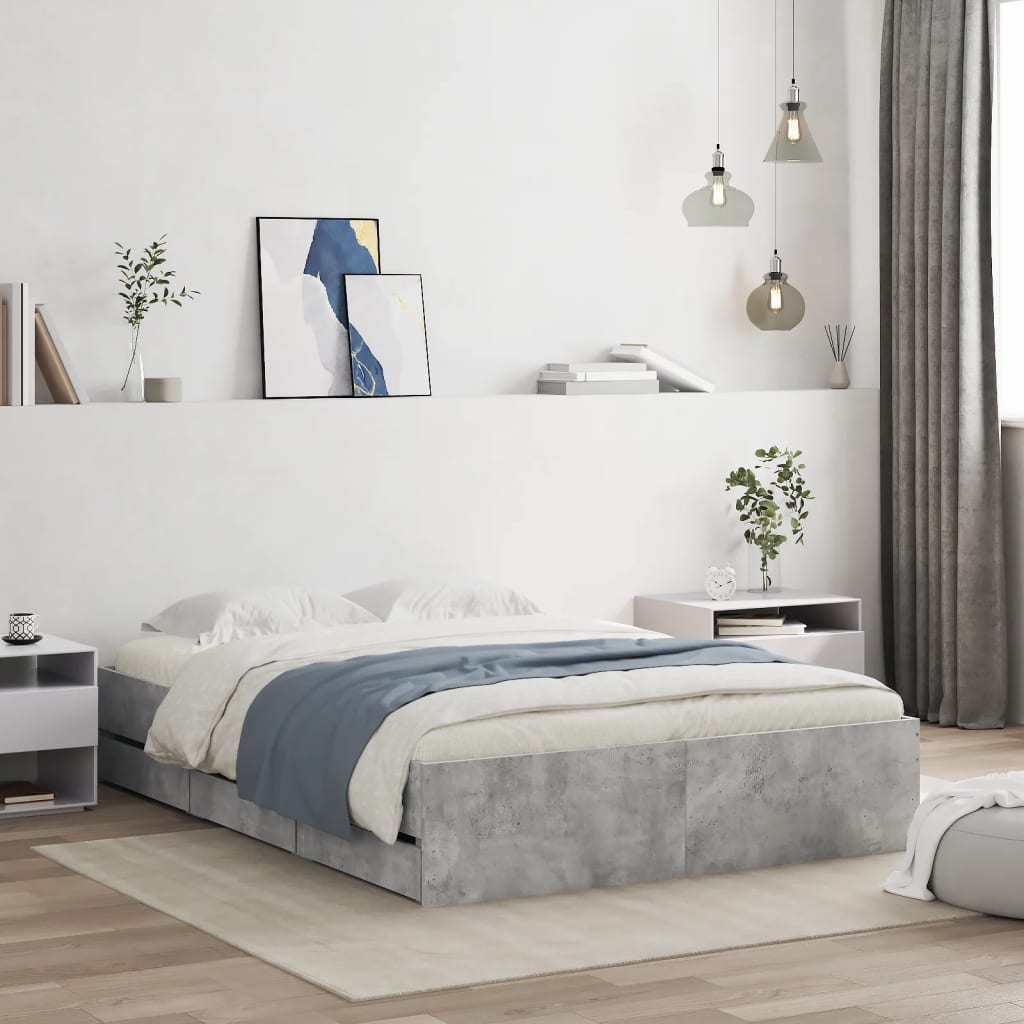 vidaXL Cadru de pat cu sertare, gri beton, 120x190 cm, lemn prelucrat vidaXL Cadru de pat cu sertare, gri beton, 120x190 cm, lemn prelucrat