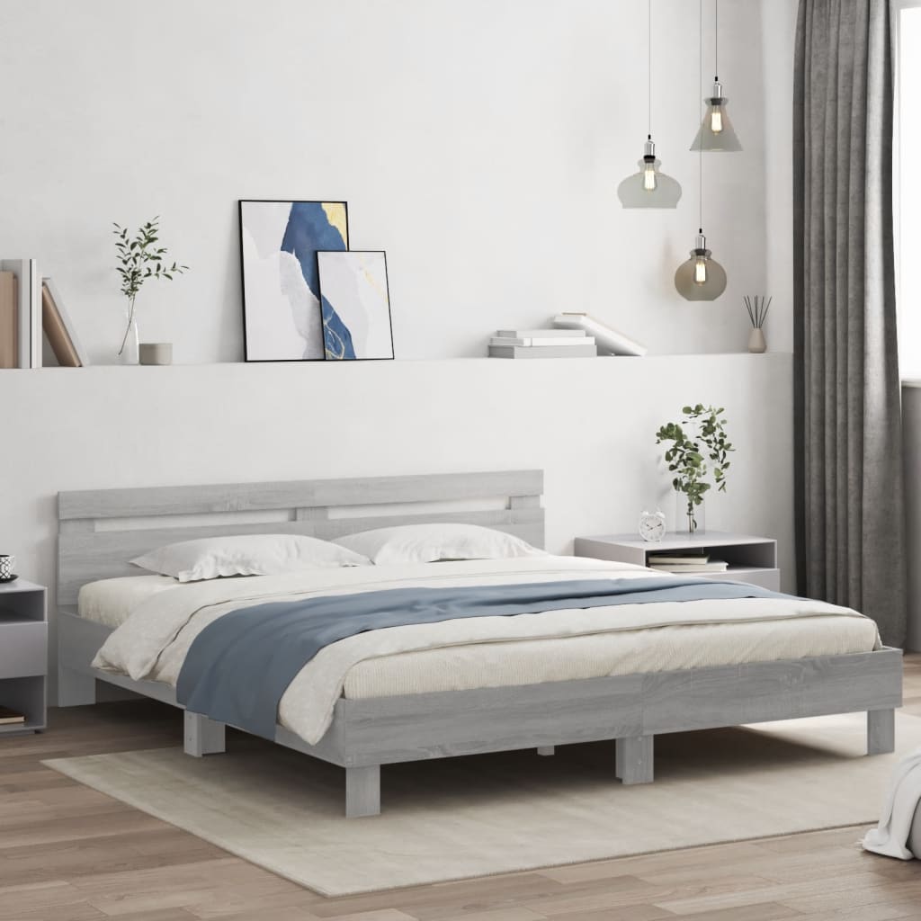 vidaXL Cadru de pat cu tăblie și LED, gri sonoma, 200x200 cm vidaXL Cadru de pat cu tăblie și LED, gri sonoma, 200x200 cm