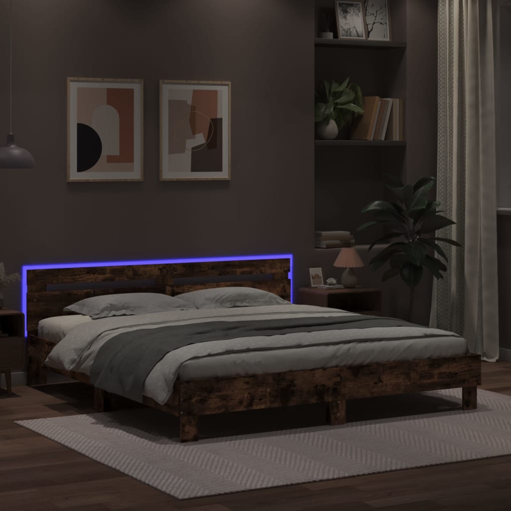 vidaXL Cadru de pat cu tăblie și LED, stejar fumuriu, 180x200 cm vidaXL Cadru de pat cu tăblie și LED, stejar fumuriu, 180x200 cm