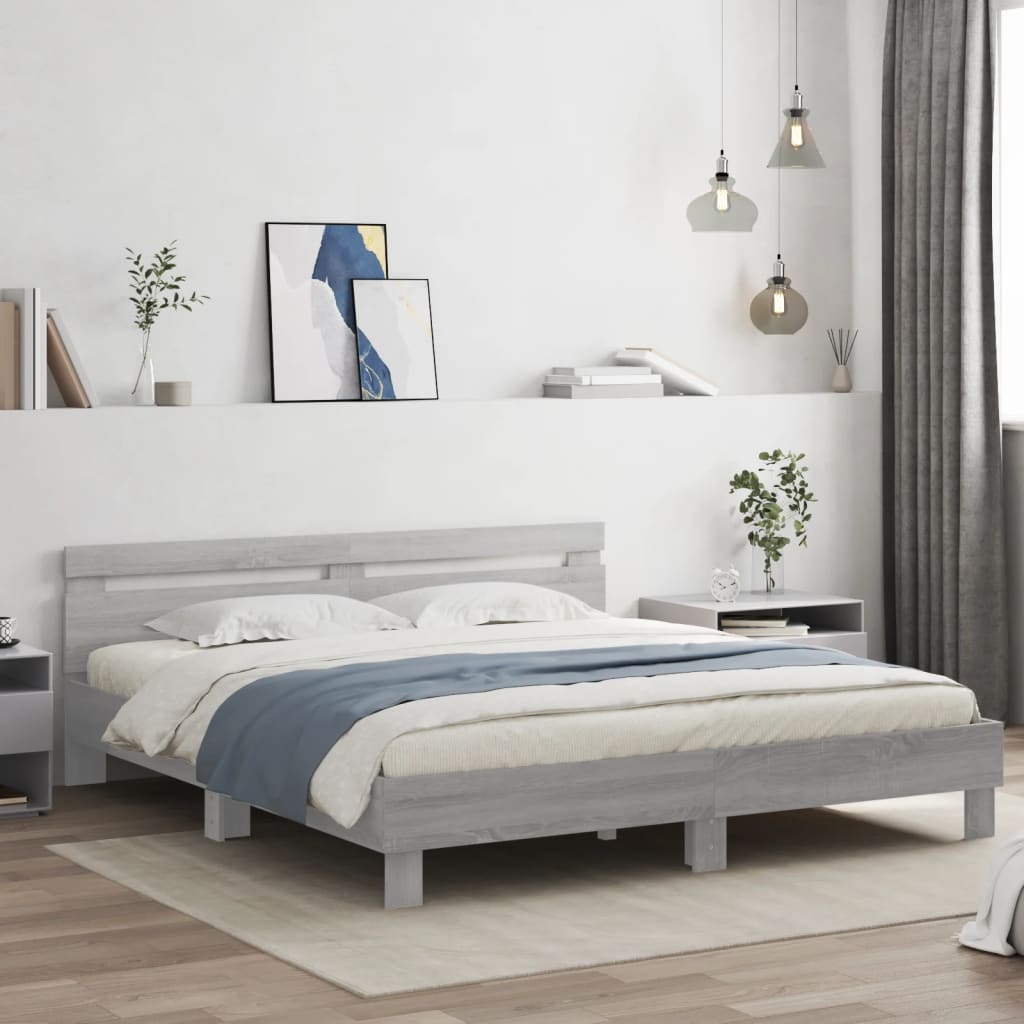 vidaXL Cadru de pat cu tăblie și LED, gri sonoma, 180x200 cm vidaXL Cadru de pat cu tăblie și LED, gri sonoma, 180x200 cm