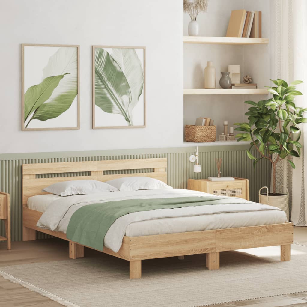 vidaXL Cadru de pat cu tăblie și LED, stejar sonoma, 150x200 cm