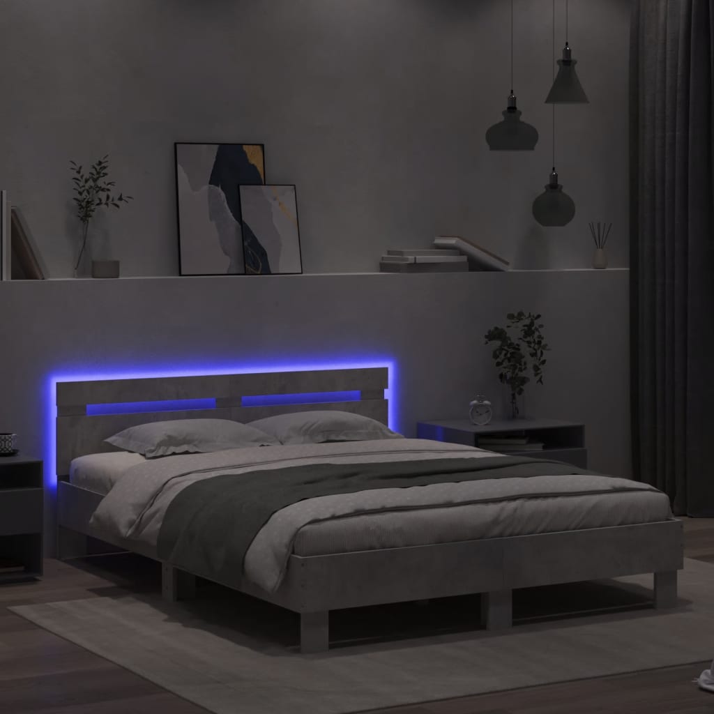 vidaXL Cadru de pat cu tăblie și LED, gri beton, 150x200 cm vidaXL Cadru de pat cu tăblie și LED, gri beton, 150x200 cm