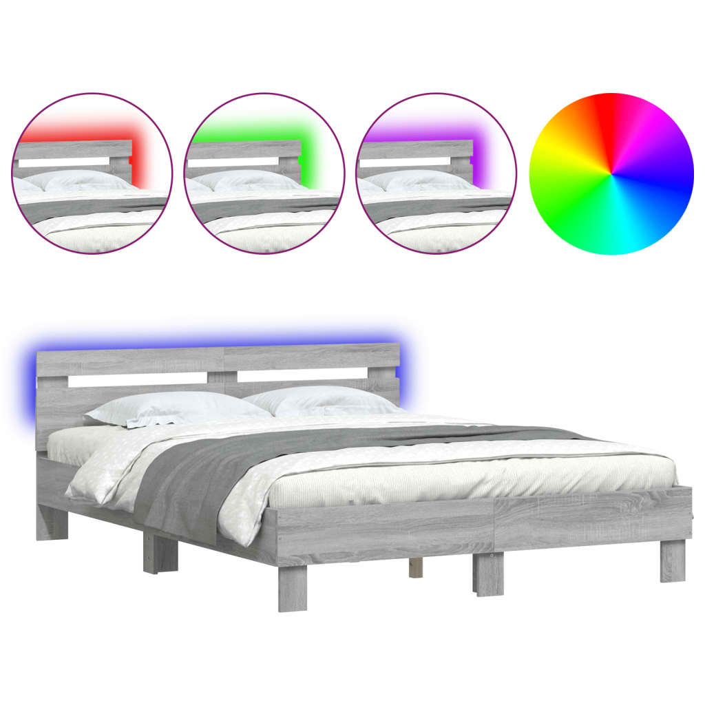 vidaXL Cadru de pat cu tăblie și LED, gri sonoma, 150x200 cm vidaXL Cadru de pat cu tăblie și LED, gri sonoma, 150x200 cm