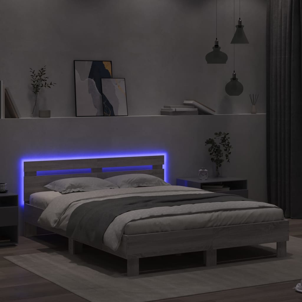 vidaXL Cadru de pat cu tăblie și LED, gri sonoma, 150x200 cm vidaXL Cadru de pat cu tăblie și LED, gri sonoma, 150x200 cm
