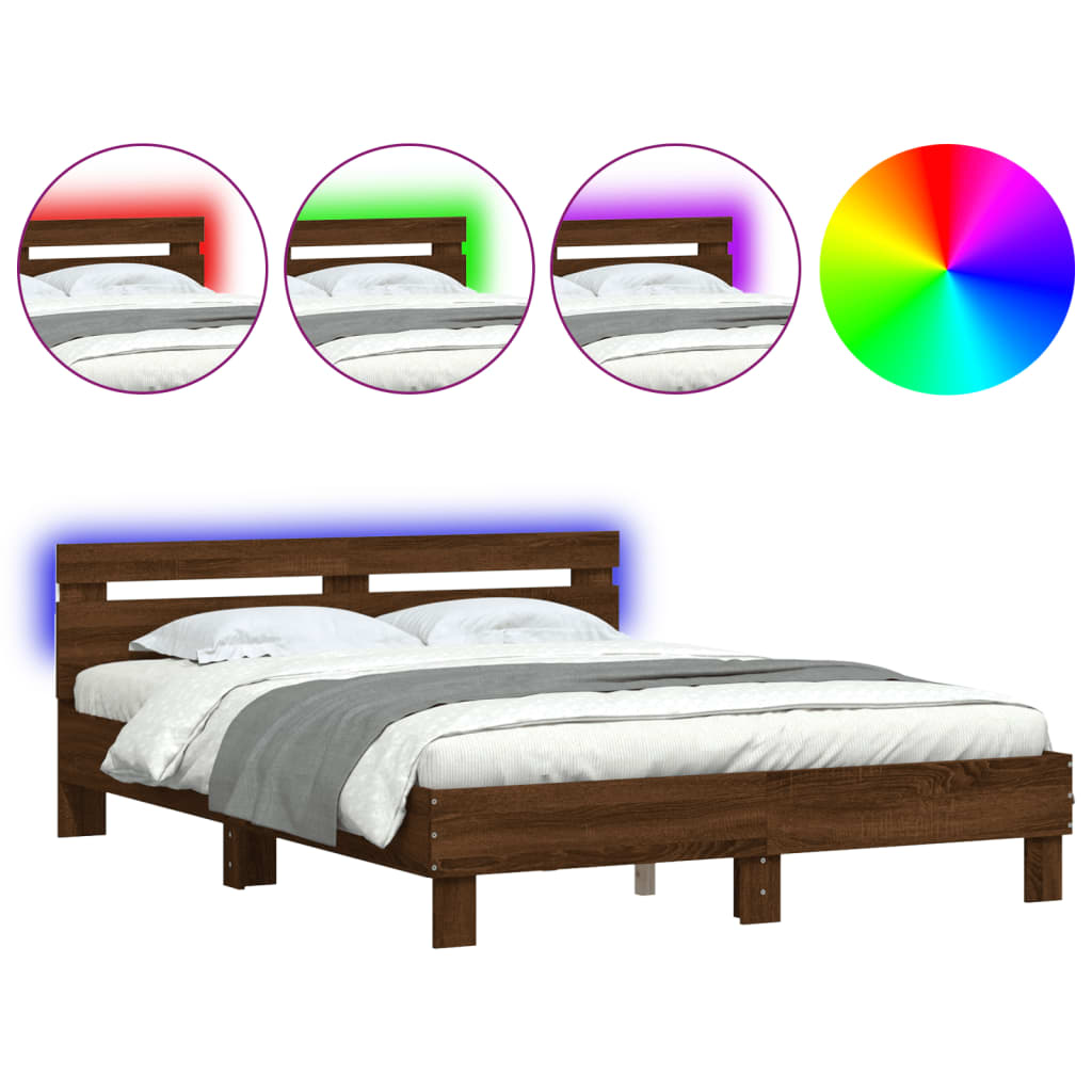 vidaXL Cadru de pat cu tăblie și LED, stejar maro, 150x200 cm vidaXL Cadru de pat cu tăblie și LED, stejar maro, 150x200 cm