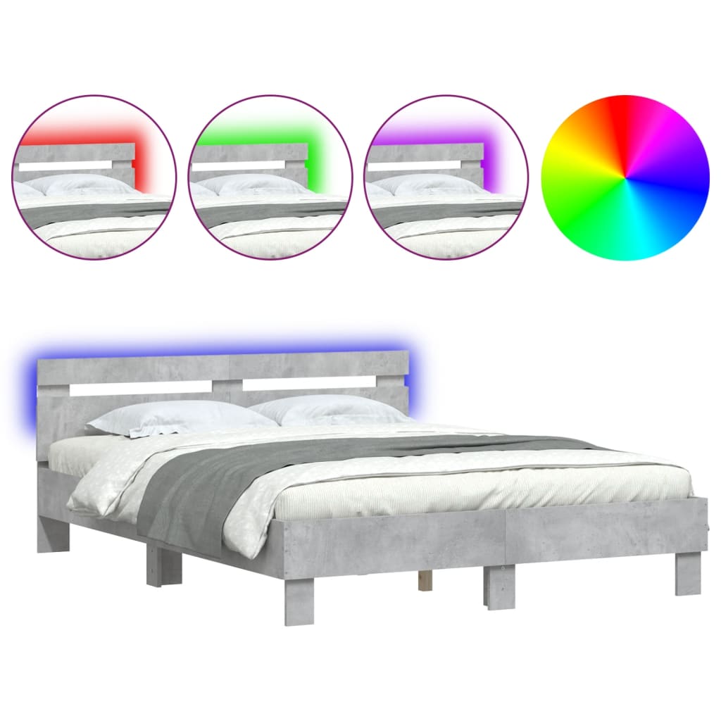 vidaXL Cadru de pat cu tăblie și LED, gri beton, 140x200 cm vidaXL Cadru de pat cu tăblie și LED, gri beton, 140x200 cm