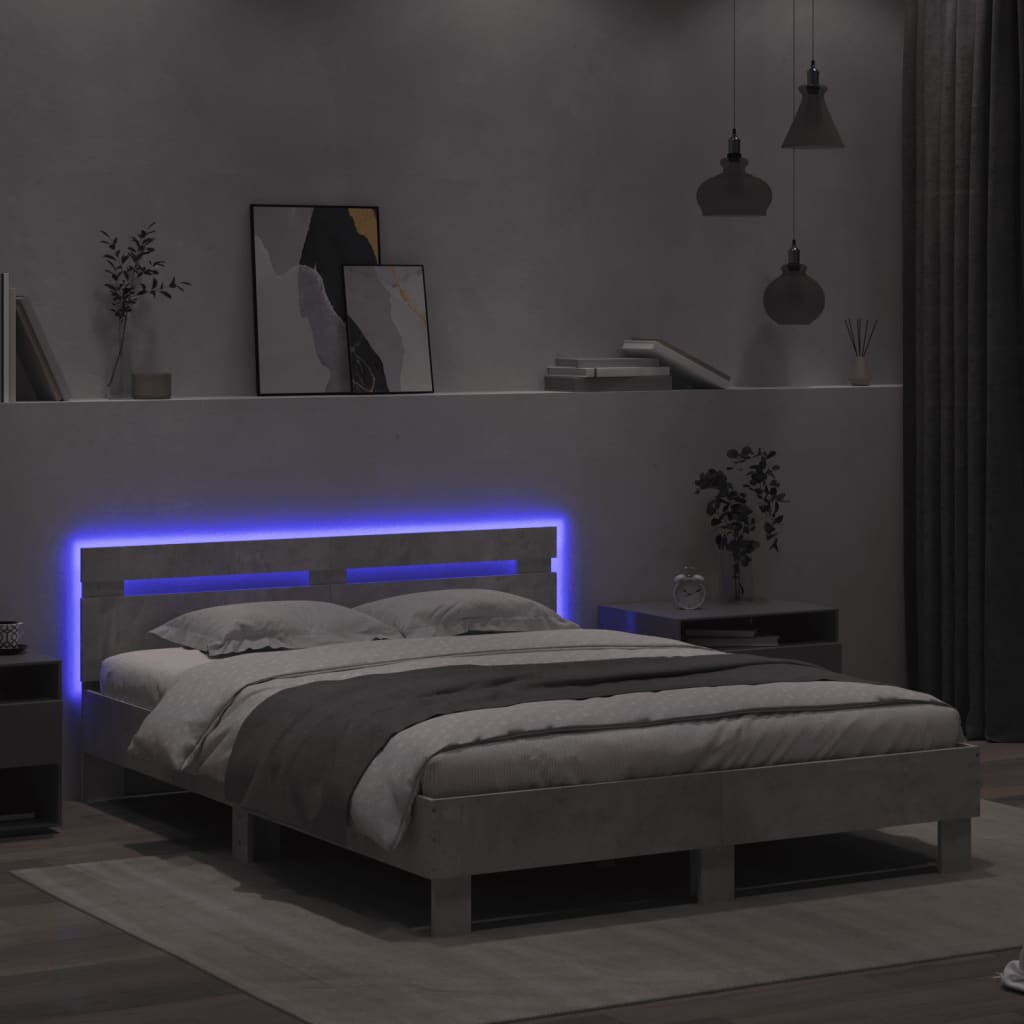 vidaXL Cadru de pat cu tăblie și LED, gri beton, 140x200 cm vidaXL Cadru de pat cu tăblie și LED, gri beton, 140x200 cm