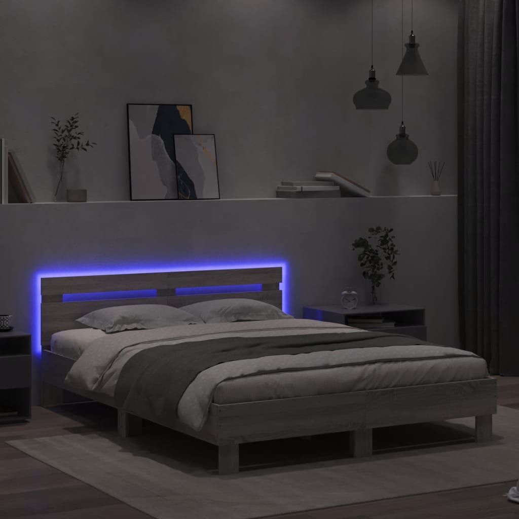 vidaXL Cadru de pat cu tăblie și LED, gri sonoma, 140x200 cm vidaXL Cadru de pat cu tăblie și LED, gri sonoma, 140x200 cm