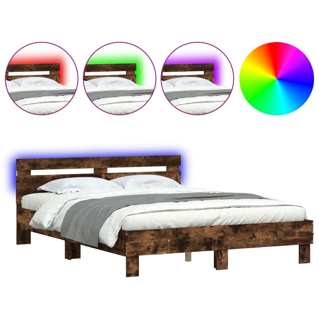 vidaXL Cadru de pat cu tăblie și LED, stejar fumuriu, 140x190 cm vidaXL Cadru de pat cu tăblie și LED, stejar fumuriu, 140x190 cm