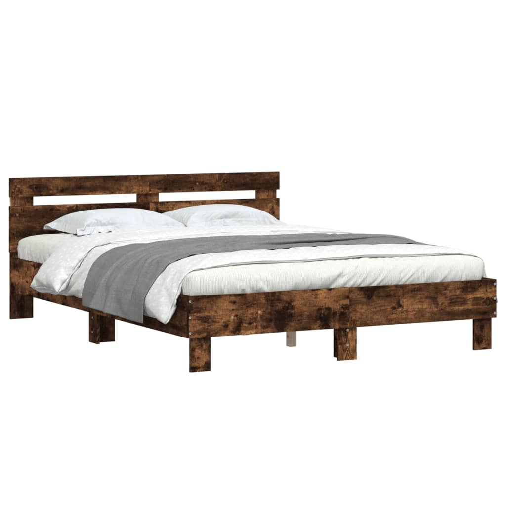 vidaXL Cadru de pat cu tăblie și LED, stejar fumuriu, 140x190 cm vidaXL Cadru de pat cu tăblie și LED, stejar fumuriu, 140x190 cm