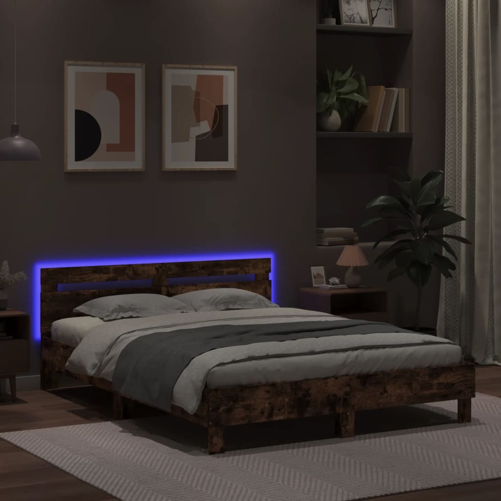 vidaXL Cadru de pat cu tăblie și LED, stejar fumuriu, 140x190 cm vidaXL Cadru de pat cu tăblie și LED, stejar fumuriu, 140x190 cm