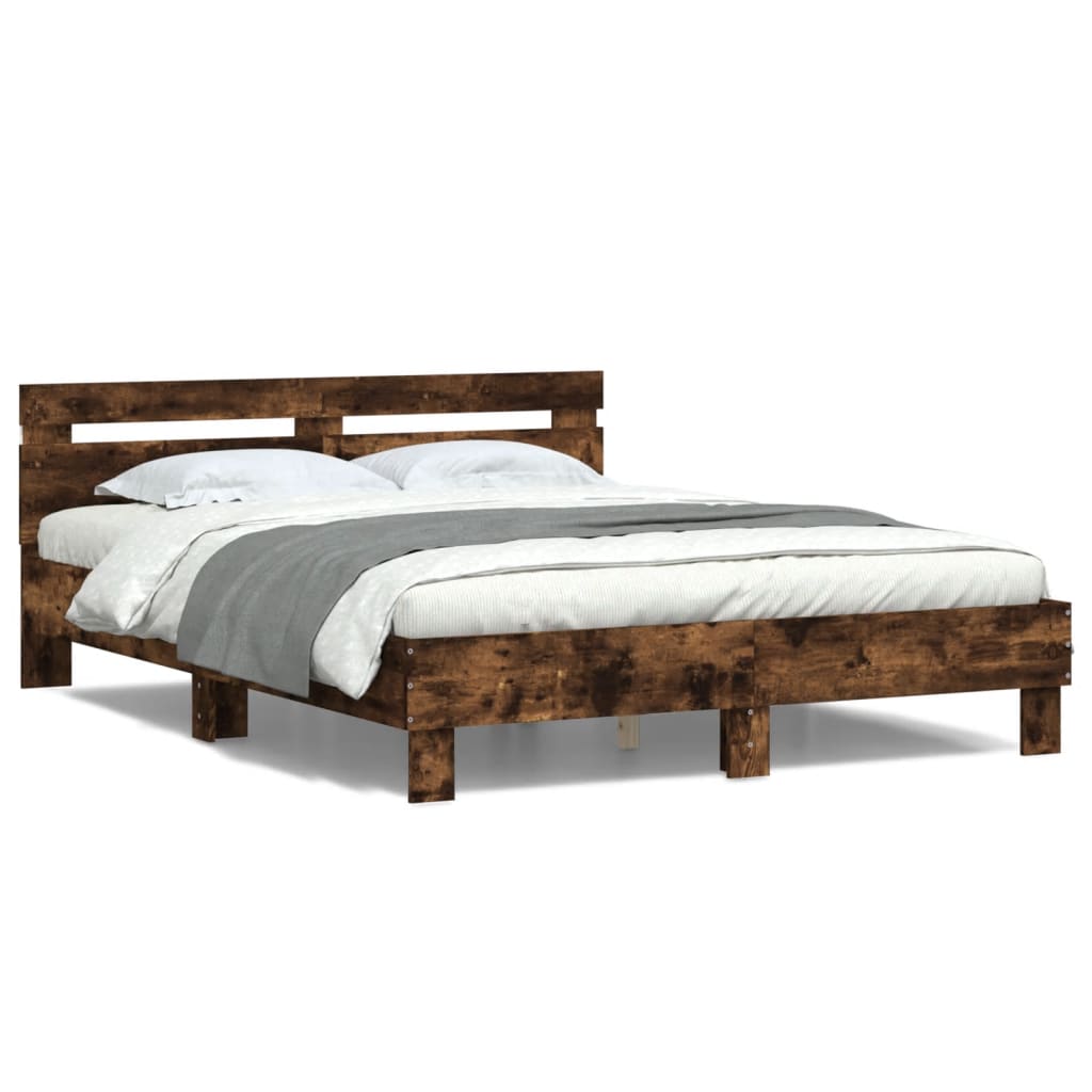 vidaXL Cadru de pat cu tăblie și LED, stejar fumuriu, 140x190 cm vidaXL Cadru de pat cu tăblie și LED, stejar fumuriu, 140x190 cm