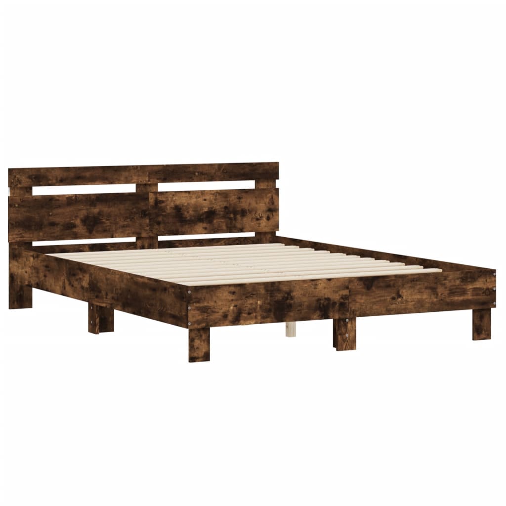 vidaXL Cadru de pat cu tăblie și LED, stejar fumuriu, 140x190 cm vidaXL Cadru de pat cu tăblie și LED, stejar fumuriu, 140x190 cm