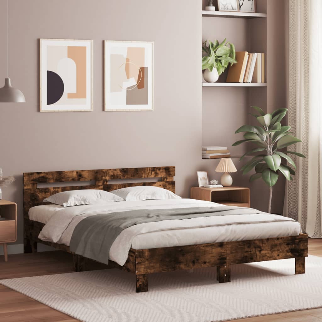vidaXL Cadru de pat cu tăblie și LED, stejar fumuriu, 140x190 cm vidaXL Cadru de pat cu tăblie și LED, stejar fumuriu, 140x190 cm