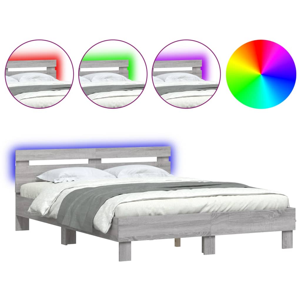 vidaXL Cadru de pat cu tăblie și LED, gri sonoma, 140x190 cm vidaXL Cadru de pat cu tăblie și LED, gri sonoma, 140x190 cm