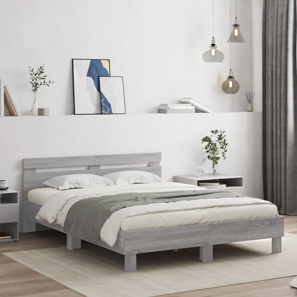 vidaXL Cadru de pat cu tăblie și LED, gri sonoma, 140x190 cm vidaXL Cadru de pat cu tăblie și LED, gri sonoma, 140x190 cm