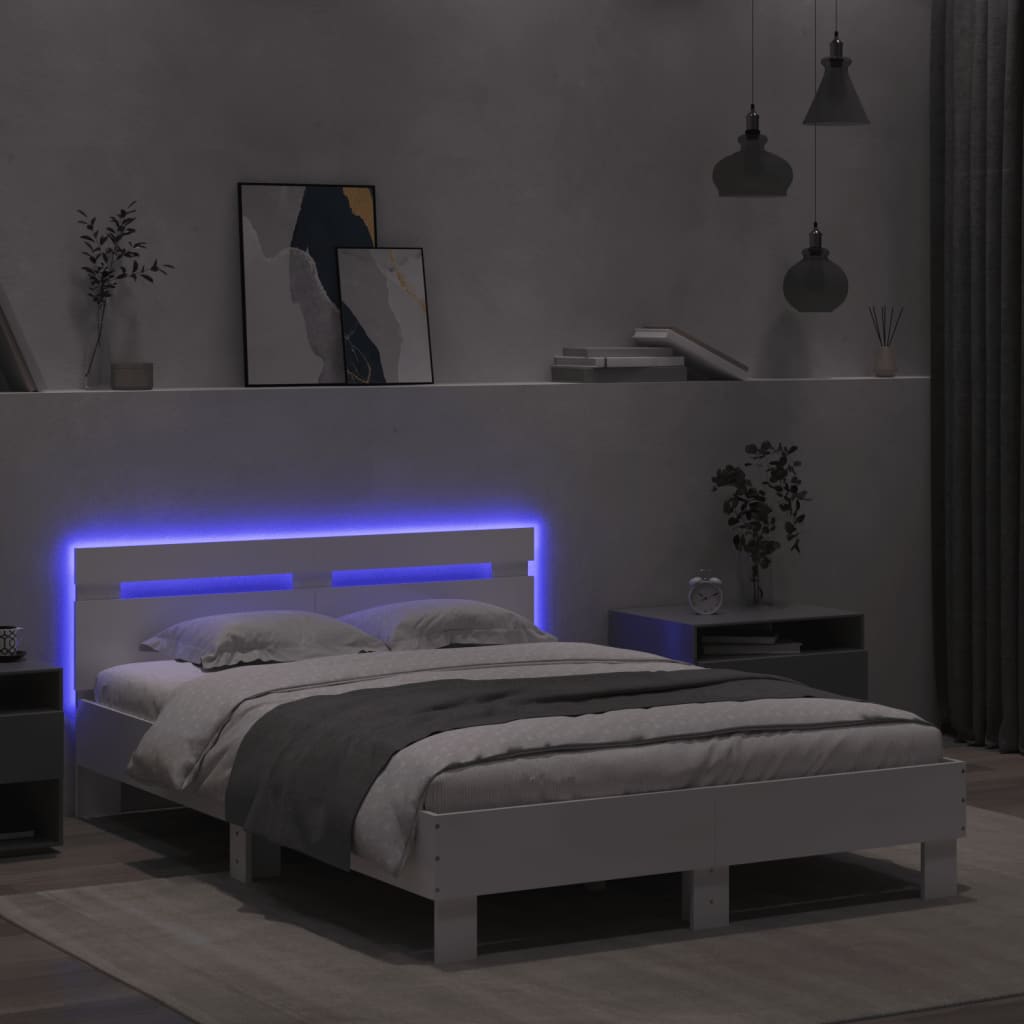 vidaXL Cadru de pat cu tăblie și LED, alb, 135x190 cm vidaXL Cadru de pat cu tăblie și LED, alb, 135x190 cm