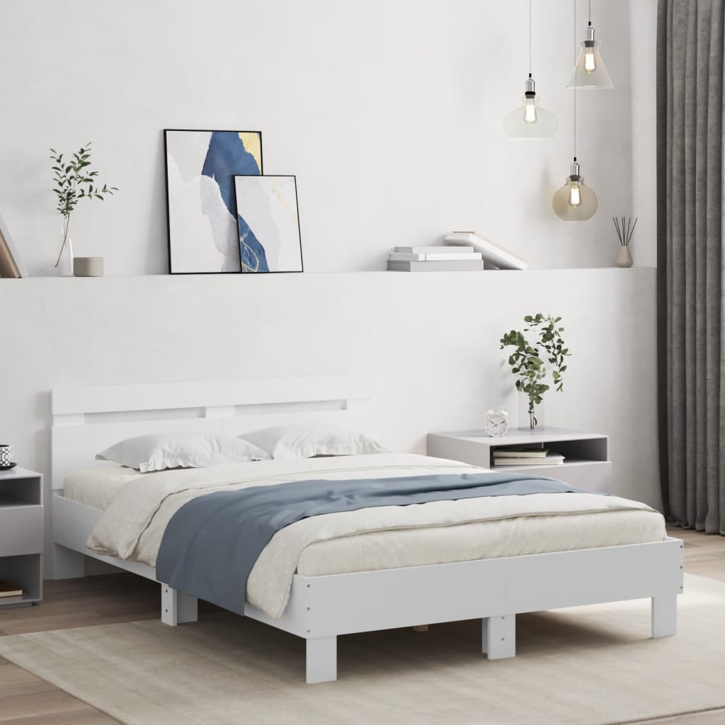 vidaXL Cadru de pat cu tăblie și LED, alb, 135x190 cm vidaXL Cadru de pat cu tăblie și LED, alb, 135x190 cm