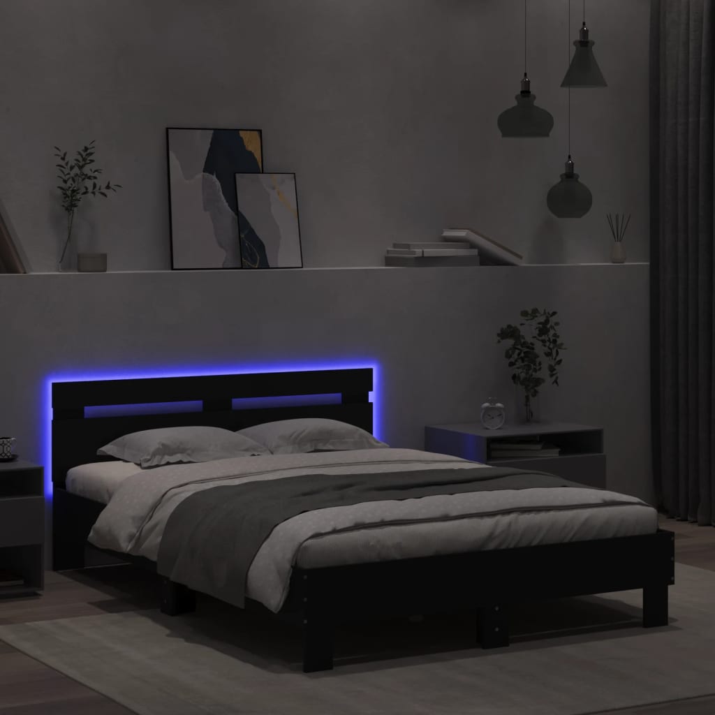 vidaXL Cadru de pat cu tăblie și LED, negru, 135x190 cm vidaXL Cadru de pat cu tăblie și LED, negru, 135x190 cm