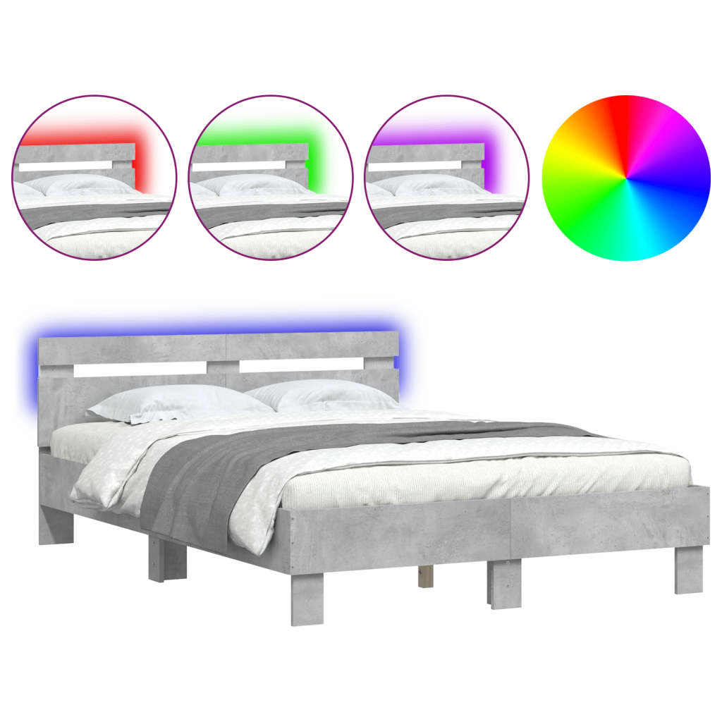 vidaXL Cadru de pat cu tăblie și LED, gri beton, 135x190 cm vidaXL Cadru de pat cu tăblie și LED, gri beton, 135x190 cm