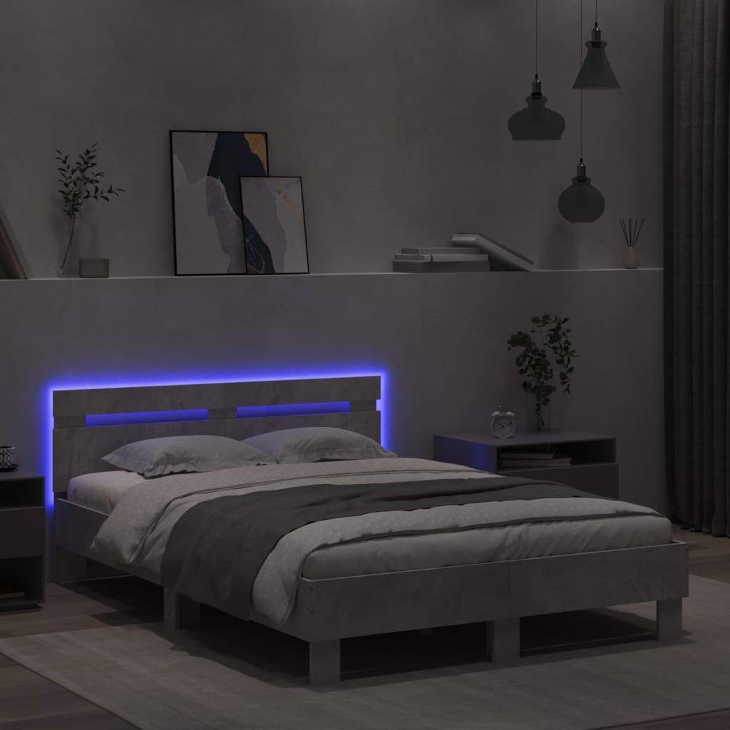 vidaXL Cadru de pat cu tăblie și LED, gri beton, 135x190 cm vidaXL Cadru de pat cu tăblie și LED, gri beton, 135x190 cm