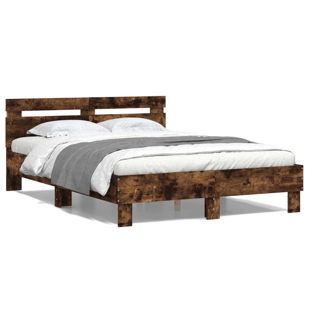 vidaXL Cadru de pat cu tăblie și LED, stejar fumuriu, 135x190 cm vidaXL Cadru de pat cu tăblie și LED, stejar fumuriu, 135x190 cm