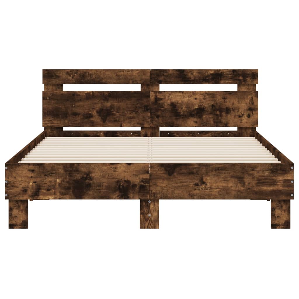 vidaXL Cadru de pat cu tăblie și LED, stejar fumuriu, 135x190 cm vidaXL Cadru de pat cu tăblie și LED, stejar fumuriu, 135x190 cm