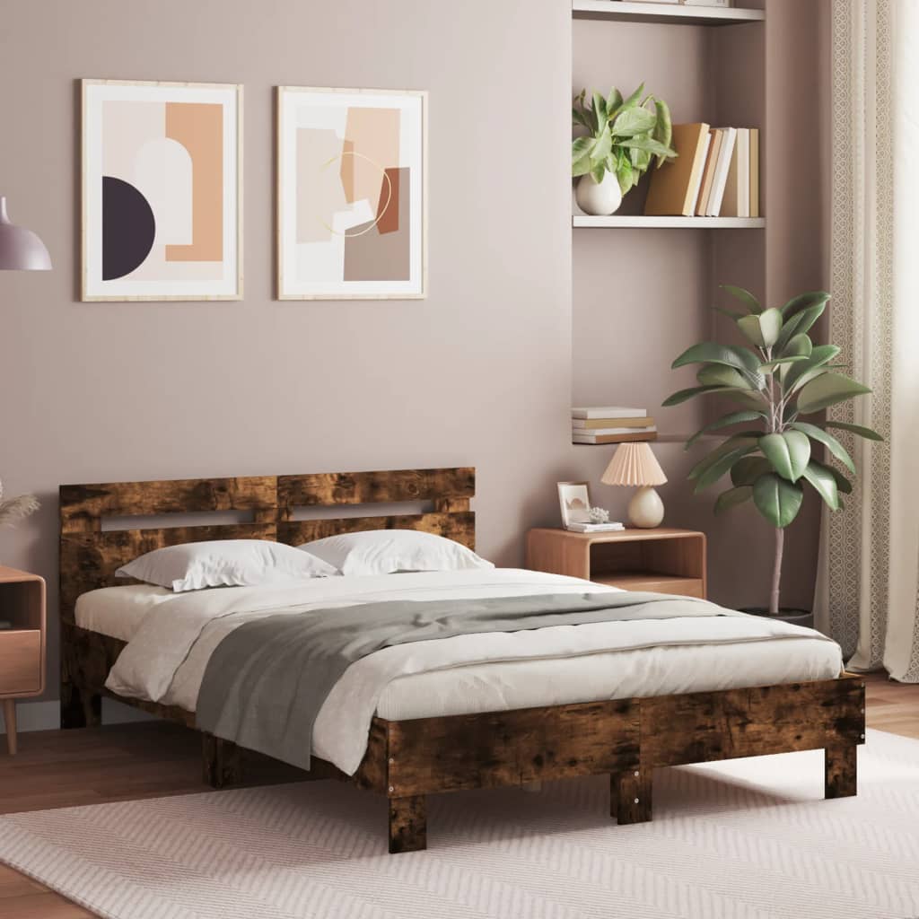 vidaXL Cadru de pat cu tăblie și LED, stejar fumuriu, 135x190 cm vidaXL Cadru de pat cu tăblie și LED, stejar fumuriu, 135x190 cm