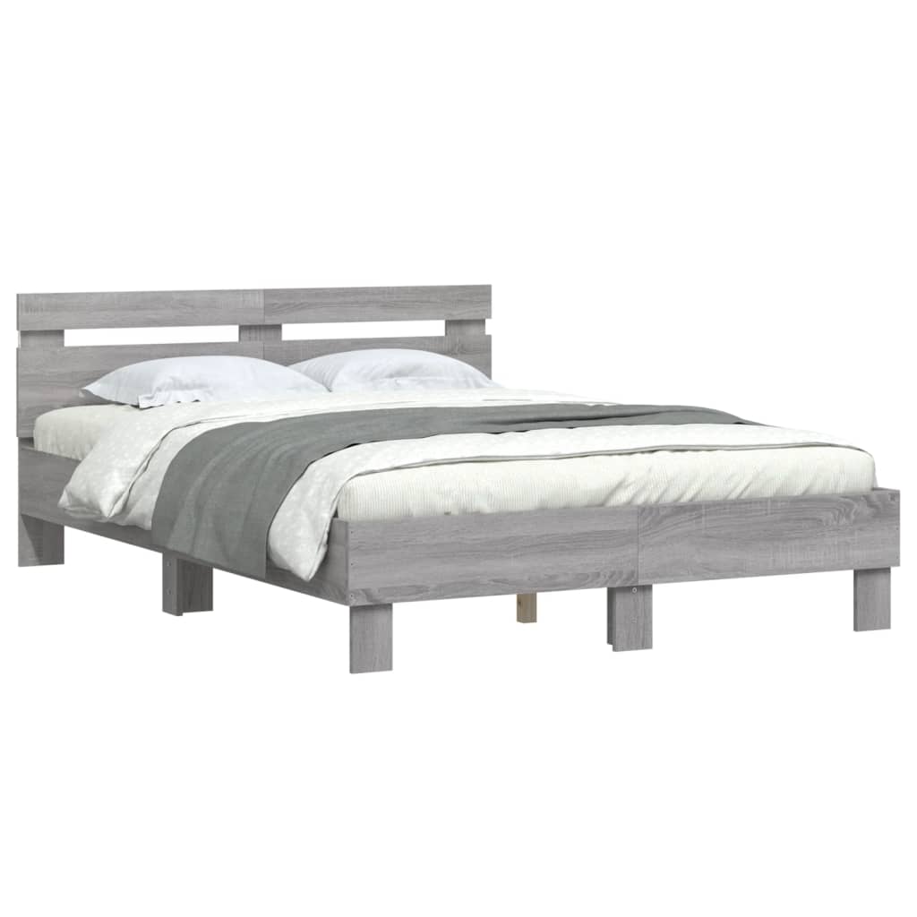 vidaXL Cadru de pat cu tăblie și LED, gri sonoma, 135x190 cm vidaXL Cadru de pat cu tăblie și LED, gri sonoma, 135x190 cm