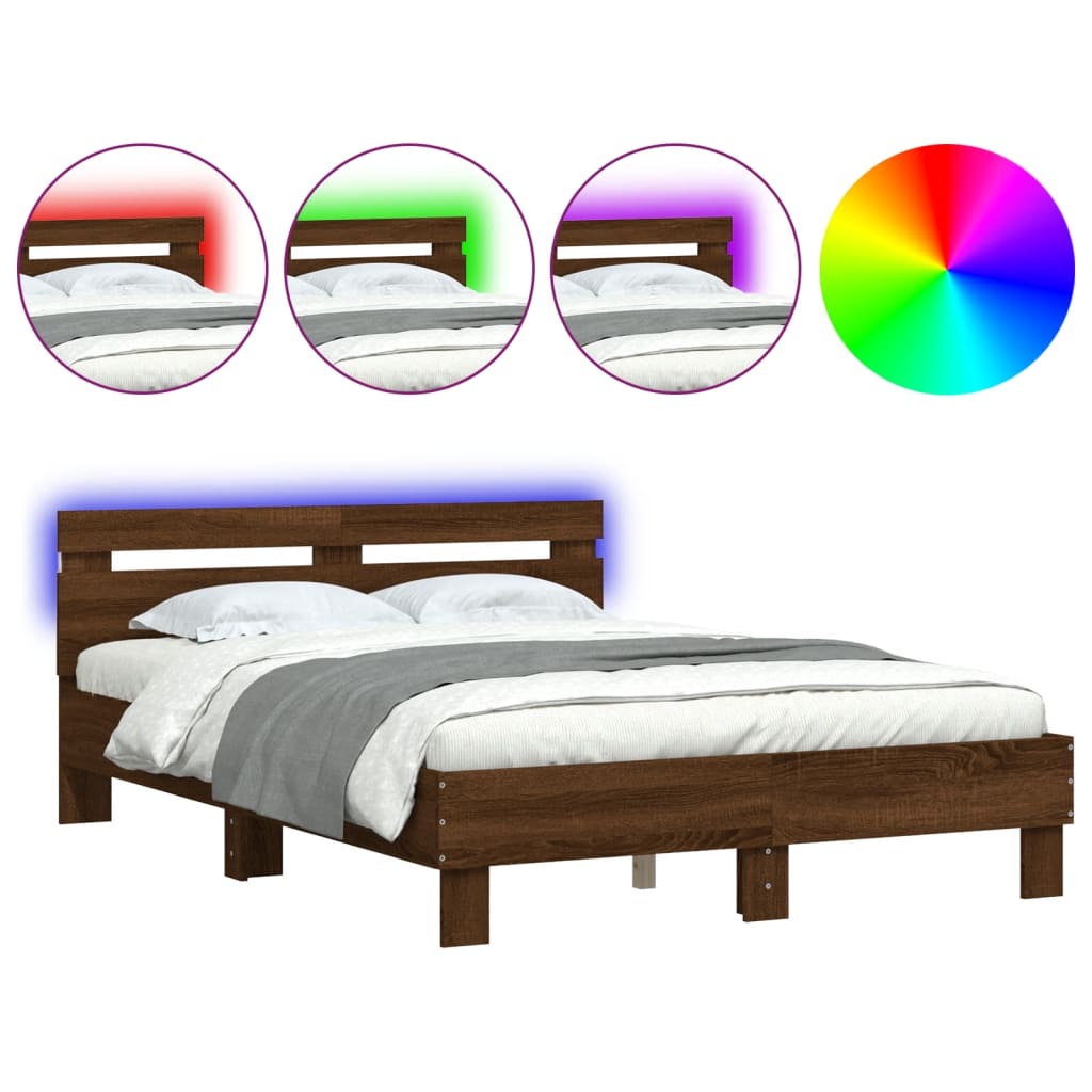 vidaXL Cadru de pat cu tăblie și LED, stejar maro, 135x190 cm vidaXL Cadru de pat cu tăblie și LED, stejar maro, 135x190 cm