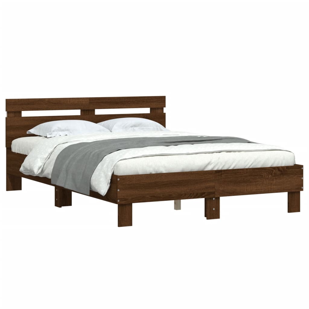 vidaXL Cadru de pat cu tăblie și LED, stejar maro, 135x190 cm vidaXL Cadru de pat cu tăblie și LED, stejar maro, 135x190 cm