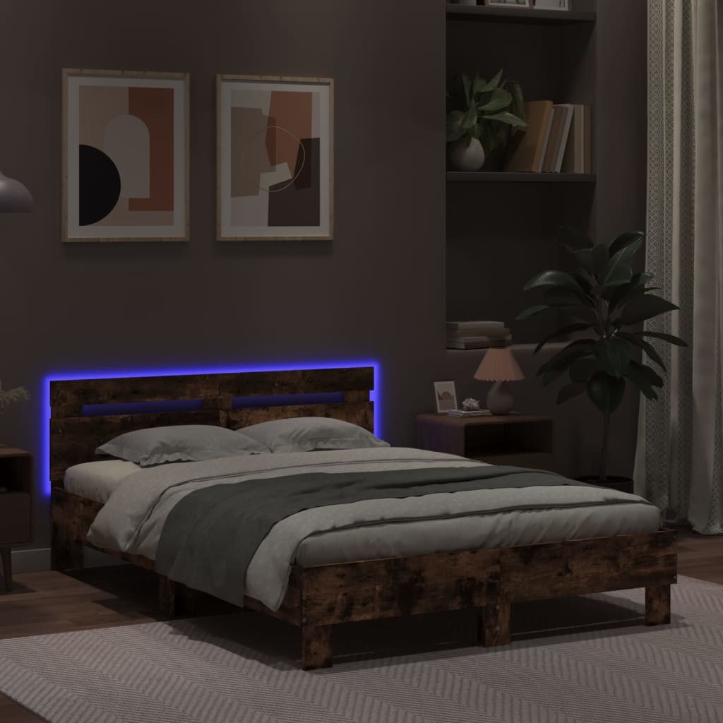 vidaXL Cadru de pat cu tăblie și LED, stejar fumuriu, 120x190 cm vidaXL Cadru de pat cu tăblie și LED, stejar fumuriu, 120x190 cm