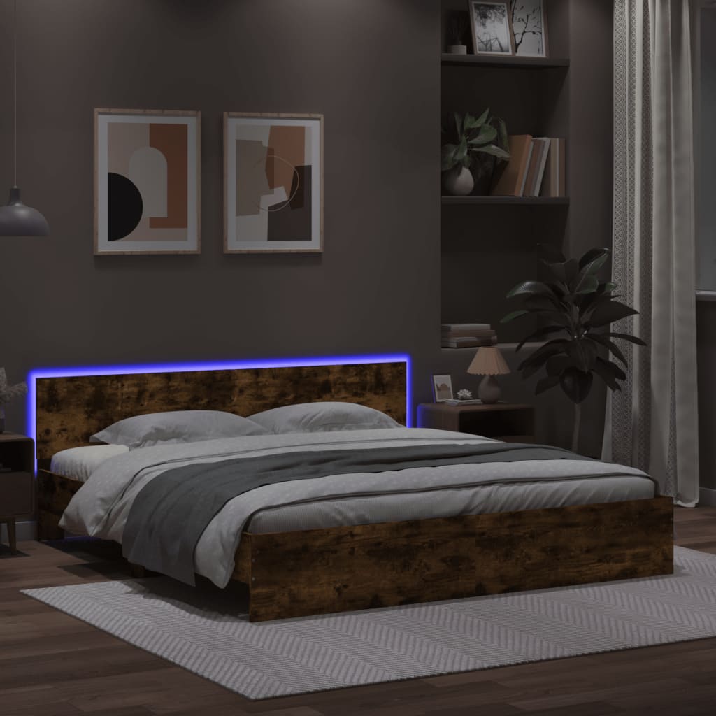 vidaXL Cadru de pat cu tăblie și LED, stejar fumuriu, 200x200 cm vidaXL Cadru de pat cu tăblie și LED, stejar fumuriu, 200x200 cm