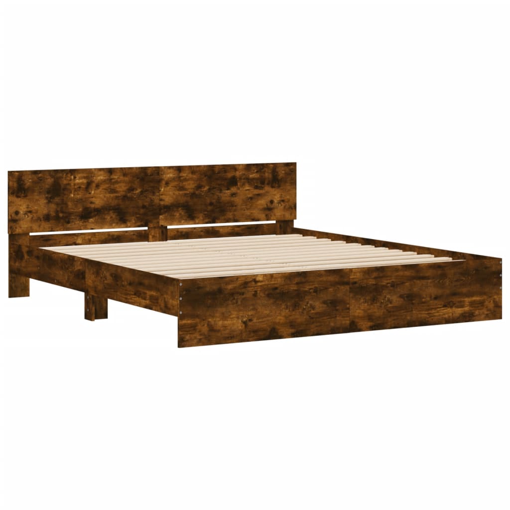 vidaXL Cadru de pat cu tăblie și LED, stejar fumuriu, 200x200 cm vidaXL Cadru de pat cu tăblie și LED, stejar fumuriu, 200x200 cm