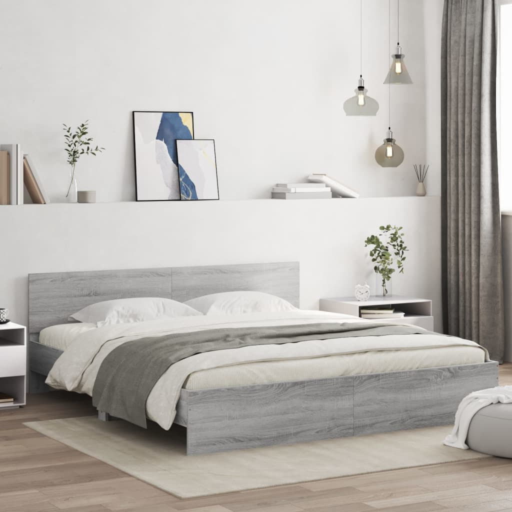 vidaXL Cadru de pat cu tăblie și LED, gri sonoma, 200x200 cm vidaXL Cadru de pat cu tăblie și LED, gri sonoma, 200x200 cm