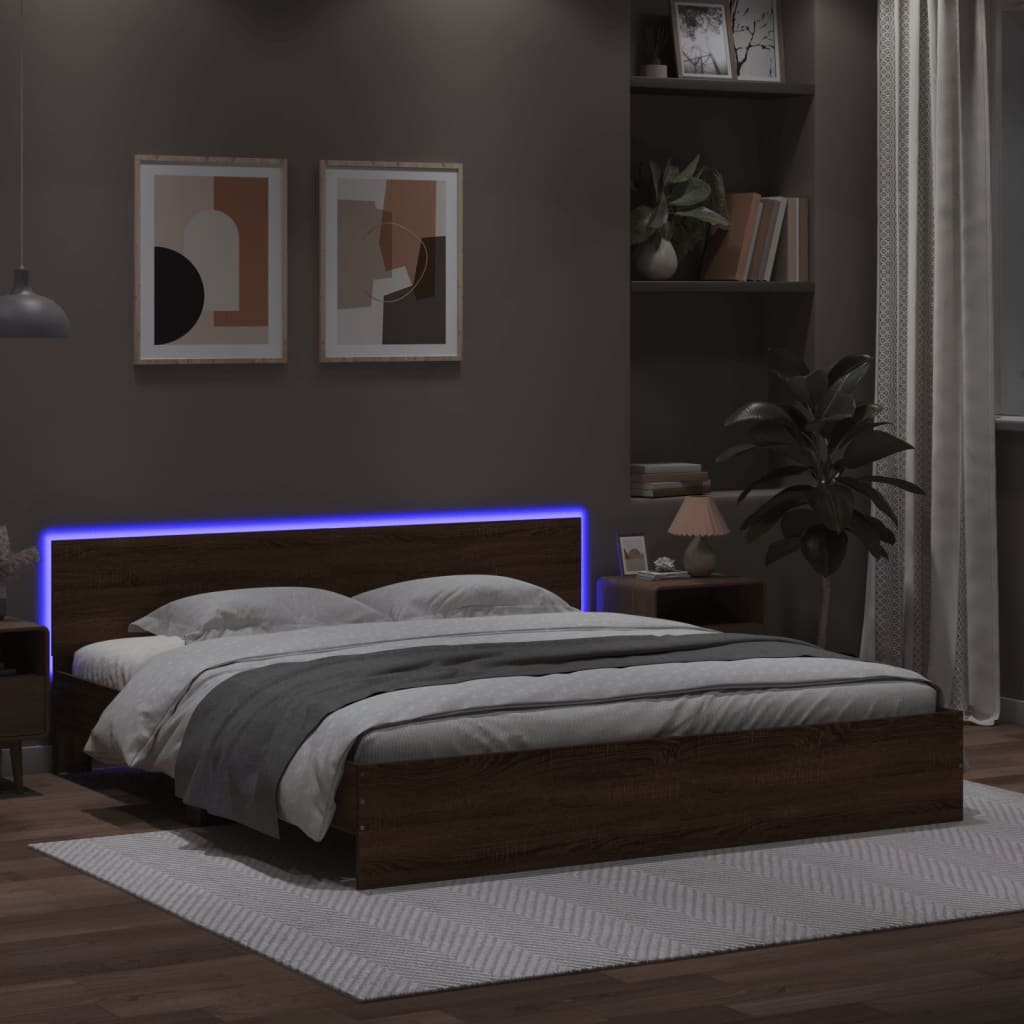 vidaXL Cadru de pat cu tăblie și LED, stejar maro, 200x200 cm