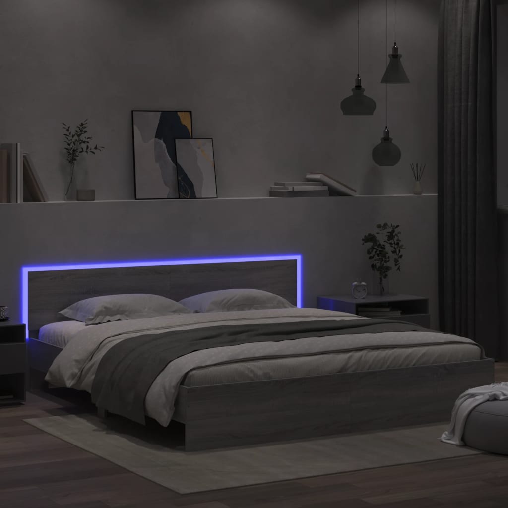 vidaXL Cadru de pat cu tăblie și LED, gri sonoma, 180x200 cm vidaXL Cadru de pat cu tăblie și LED, gri sonoma, 180x200 cm