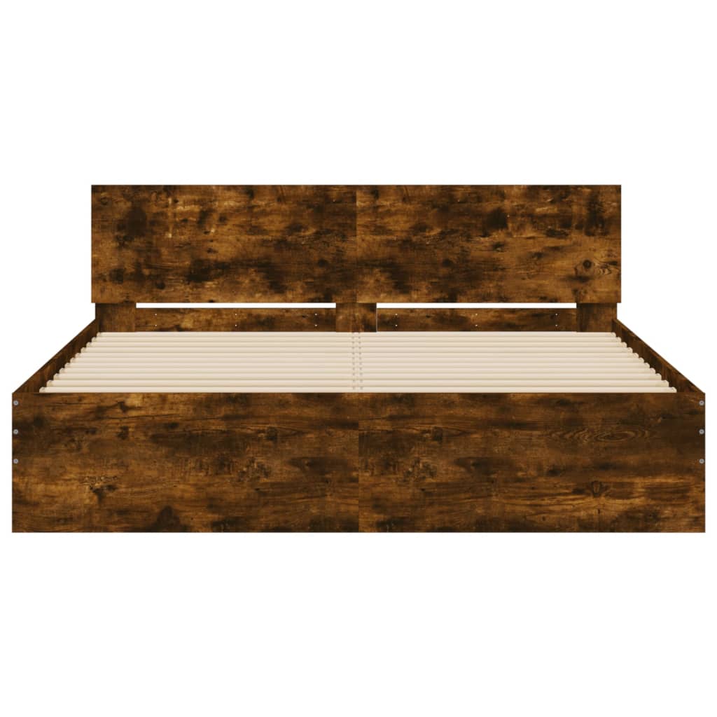 vidaXL Cadru de pat cu tăblie și LED, stejar fumuriu, 160x200 cm vidaXL Cadru de pat cu tăblie și LED, stejar fumuriu, 160x200 cm