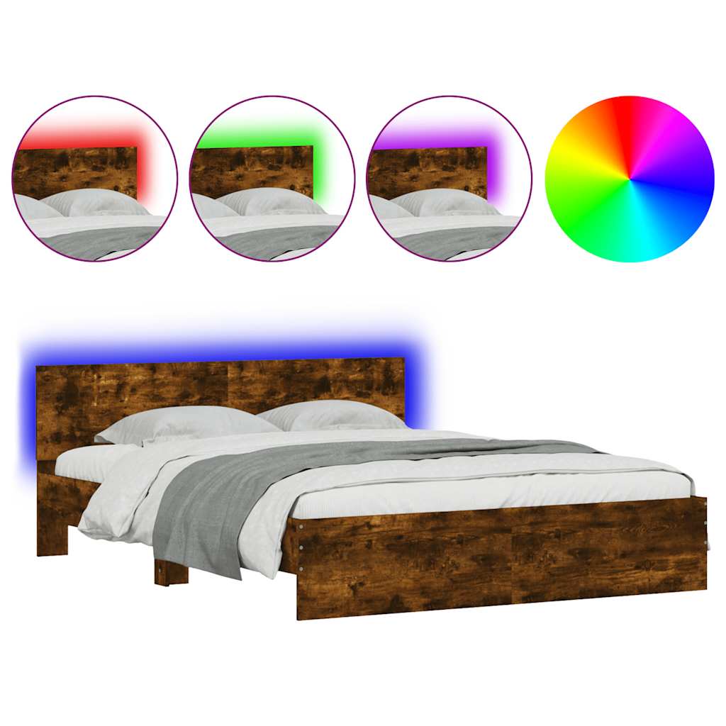 vidaXL Cadru de pat cu tăblie și LED, stejar fumuriu, 150x200 cm vidaXL Cadru de pat cu tăblie și LED, stejar fumuriu, 150x200 cm