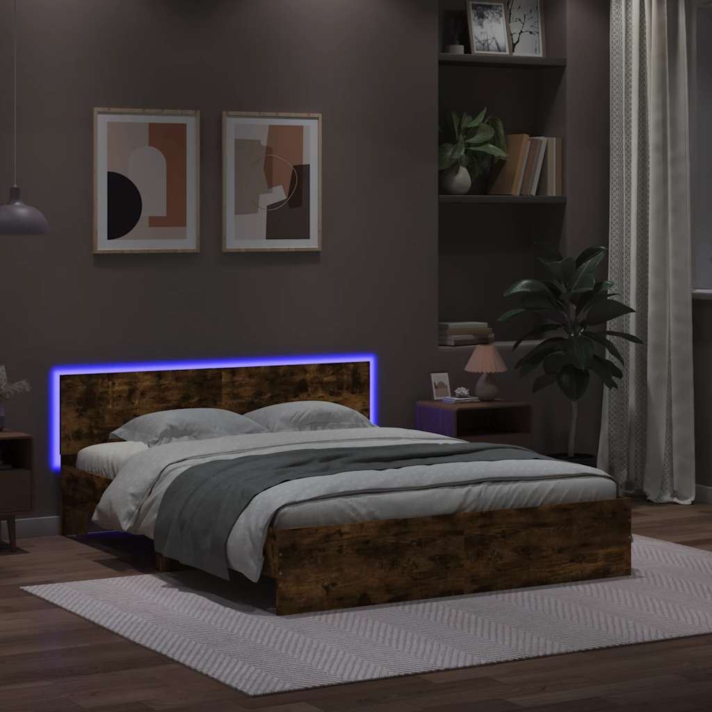 vidaXL Cadru de pat cu tăblie și LED, stejar fumuriu, 150x200 cm vidaXL Cadru de pat cu tăblie și LED, stejar fumuriu, 150x200 cm