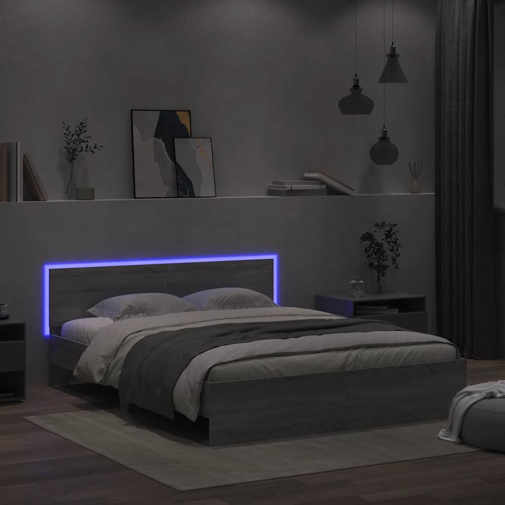 vidaXL Cadru de pat cu tăblie și LED, gri sonoma, 150x200 cm vidaXL Cadru de pat cu tăblie și LED, gri sonoma, 150x200 cm
