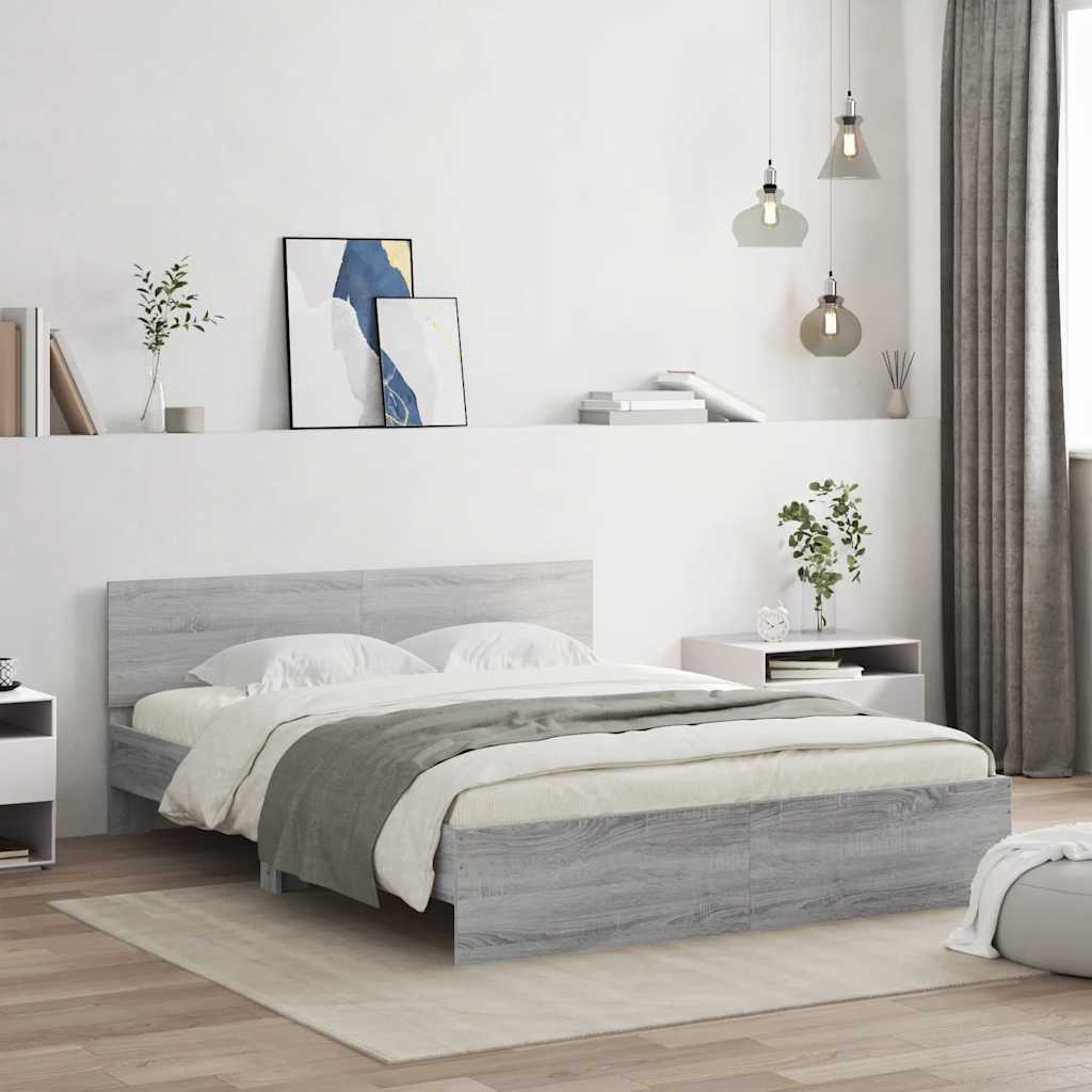 vidaXL Cadru de pat cu tăblie și LED, gri sonoma, 150x200 cm vidaXL Cadru de pat cu tăblie și LED, gri sonoma, 150x200 cm