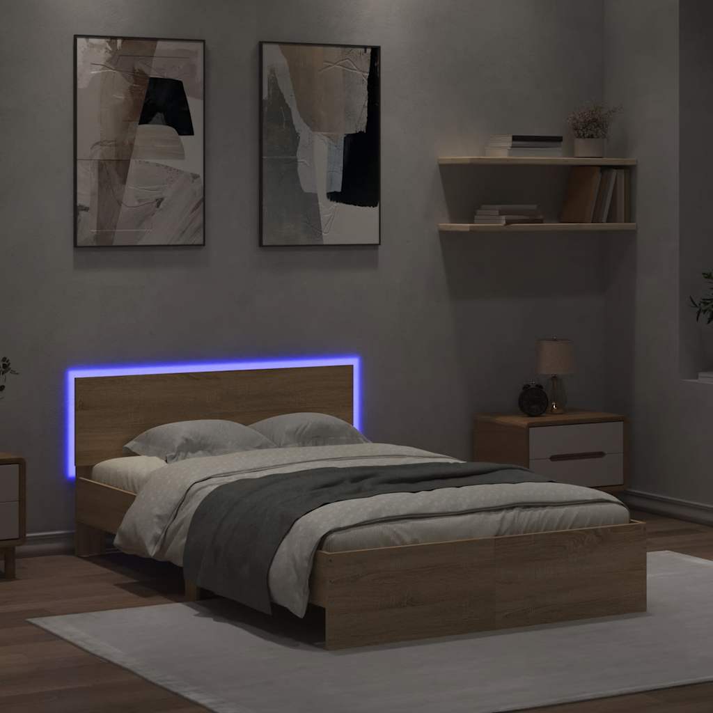 vidaXL Cadru de pat cu tăblie și LED, stejar sonoma, 140x190 cm vidaXL Cadru de pat cu tăblie și LED, stejar sonoma, 140x190 cm