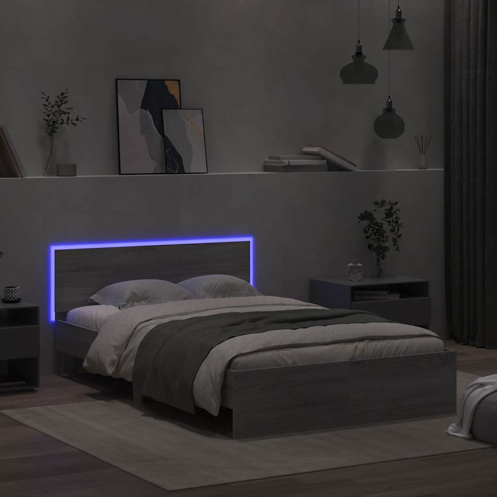 vidaXL Cadru de pat cu tăblie și LED, gri sonoma, 140x190 cm vidaXL Cadru de pat cu tăblie și LED, gri sonoma, 140x190 cm