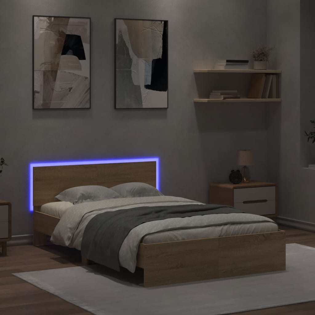 vidaXL Cadru de pat cu tăblie și LED, stejar sonoma, 135x190 cm