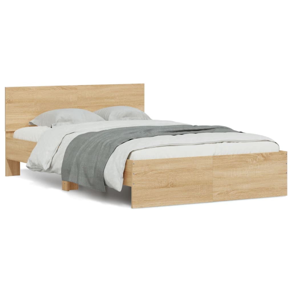 vidaXL Cadru de pat cu tăblie și LED, stejar sonoma, 135x190 cm